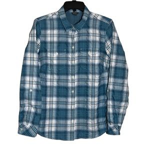Eddie Bauer Shirt Womens Medium Blue Plaid Travex Classic Fit Button Down